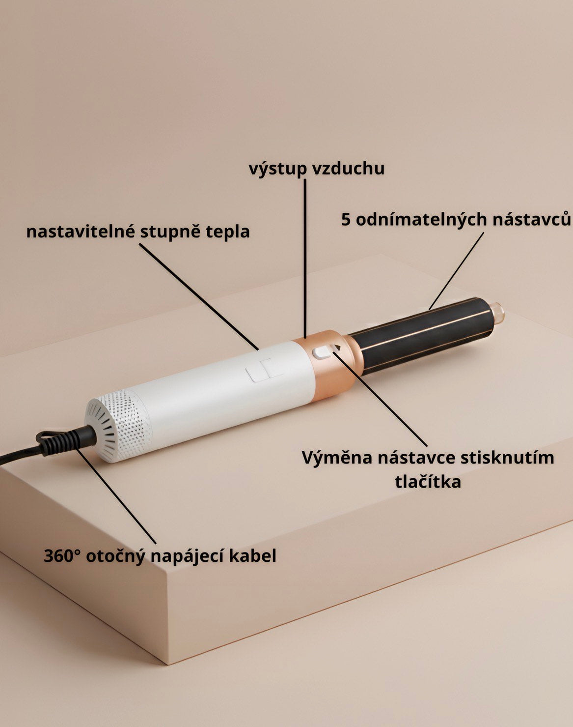 5 v 1 kulma na vlasy, kulma, žehlička a fén s efektem Coanda