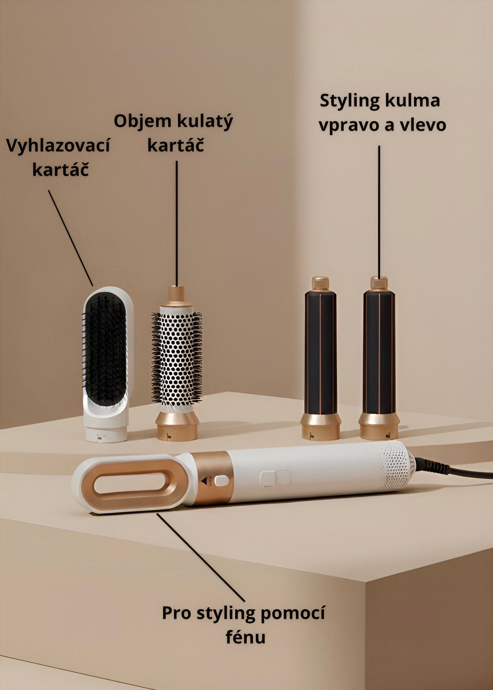 5 v 1 kulma na vlasy, kulma, žehlička a fén s efektem Coanda